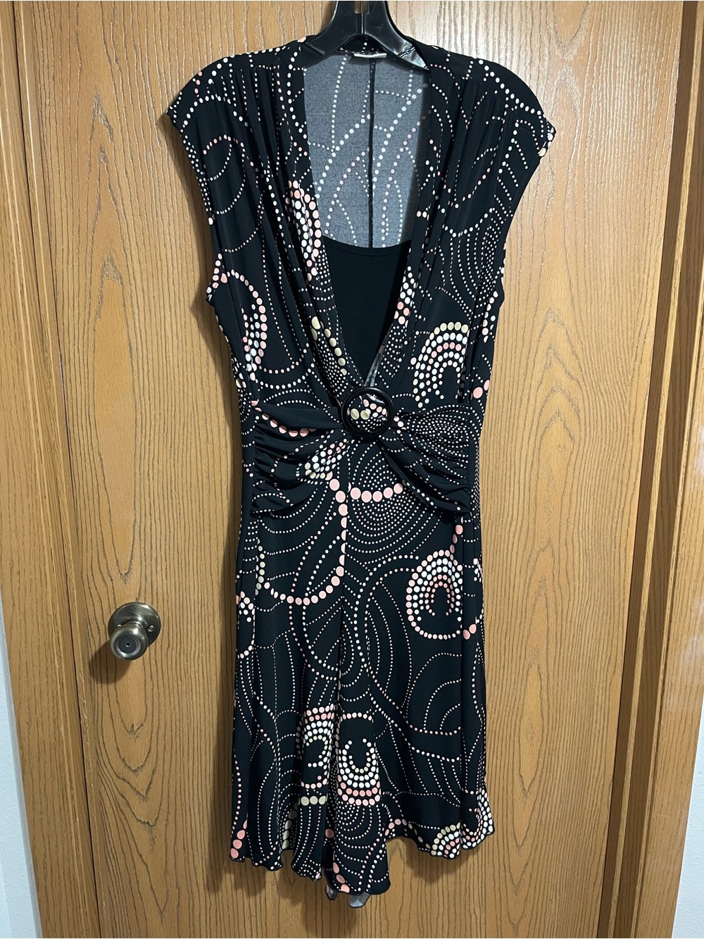 EUC Cato Midi Dress in Black with Pink Dot Swirl Pattern
